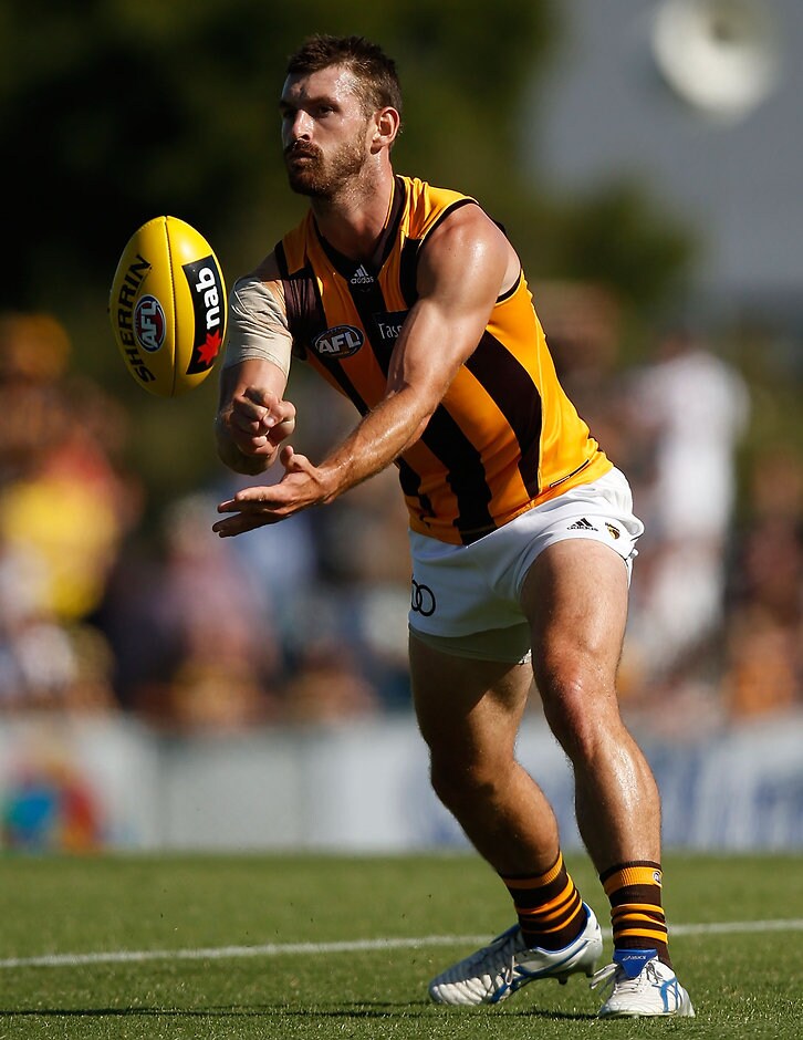 AFL 2016 NAB Challenge - Richmond v Hawthorn BEACONSFIELD, AUSTRALIA - FEBRUARY 27: Brendan Whitecross of the Hawks in action during the 2016 NAB Challenge match between Richmond Tigers and the Hawthorn Hawks at Holm Park Recreation Reserve, Beaconsfield on February 27, 2016. (Photo by Michael Willson/AFL Media)